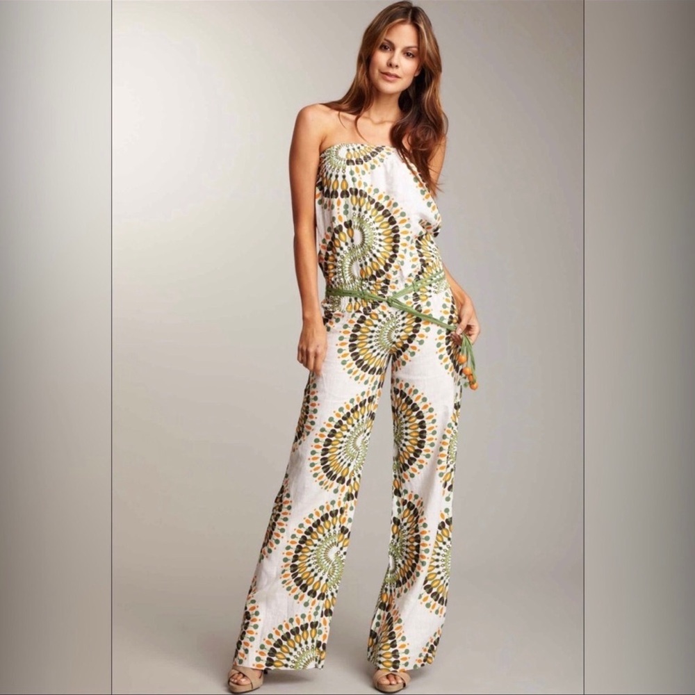 Luxury Boho Long Strapless Linen Pant Romper In Sunny, Long Strapless Jumpsuit